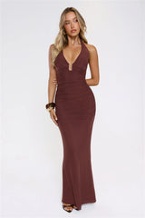 Sultry Ruched Halter Maxi Dress Chocolate