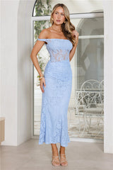 Wink Hour Lace Off Shoulder Maxi Dress Blue